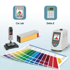 Infographic detailing professional color measurement in printing, featuring spectrophotometers, colorimeters, CIE Lab* & Delta E values, color management software, material standardization, and calibration.