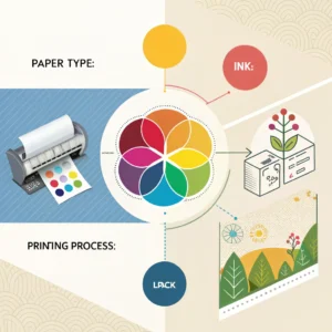 Infographic showing how paper type, ink, and printing process affect color consistency.