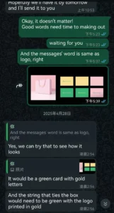 WhatsApp chat showing Bellucci pink shopping‑bag color palette and design brief