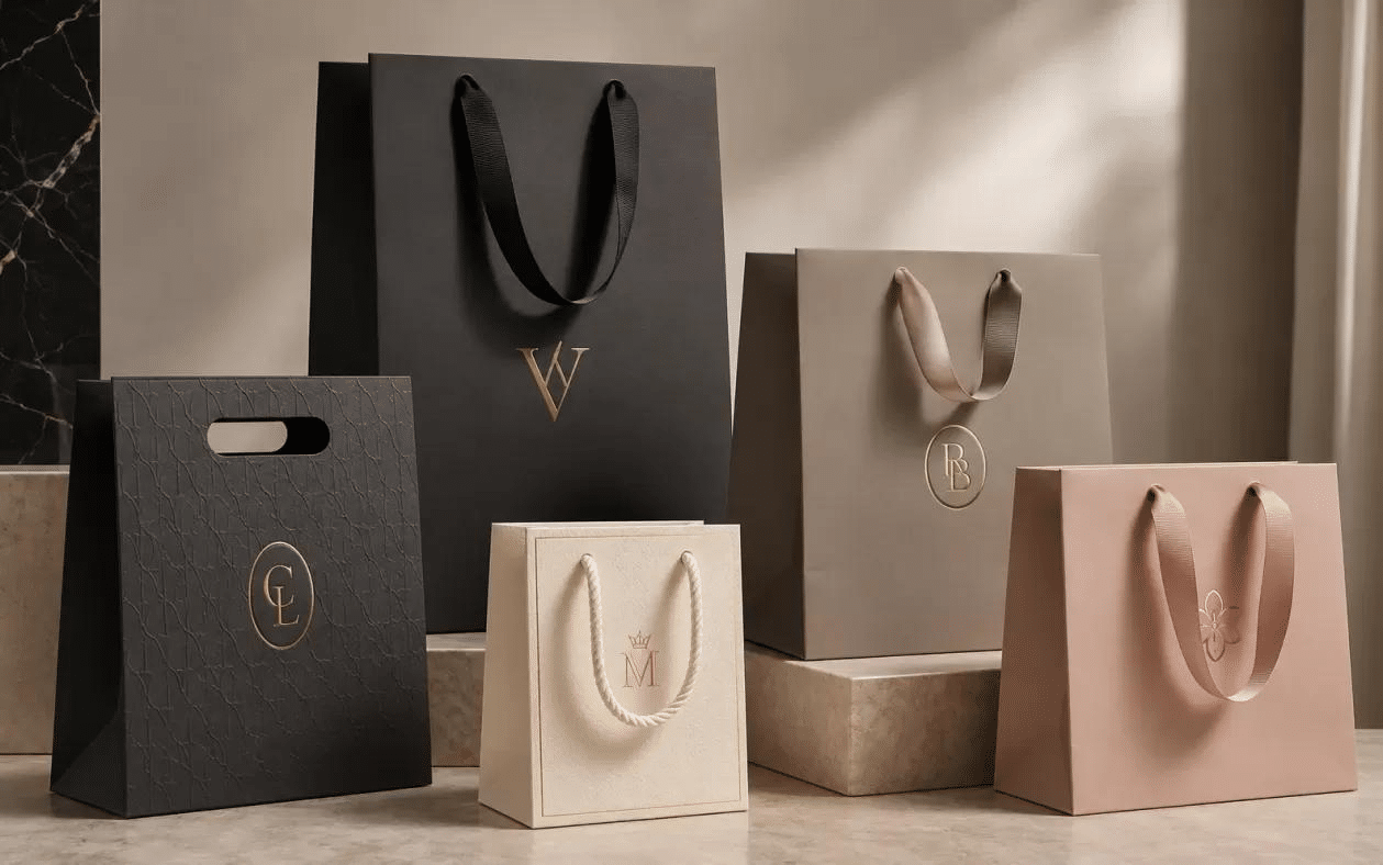Five luxury paper shopping bags with gold foil logos