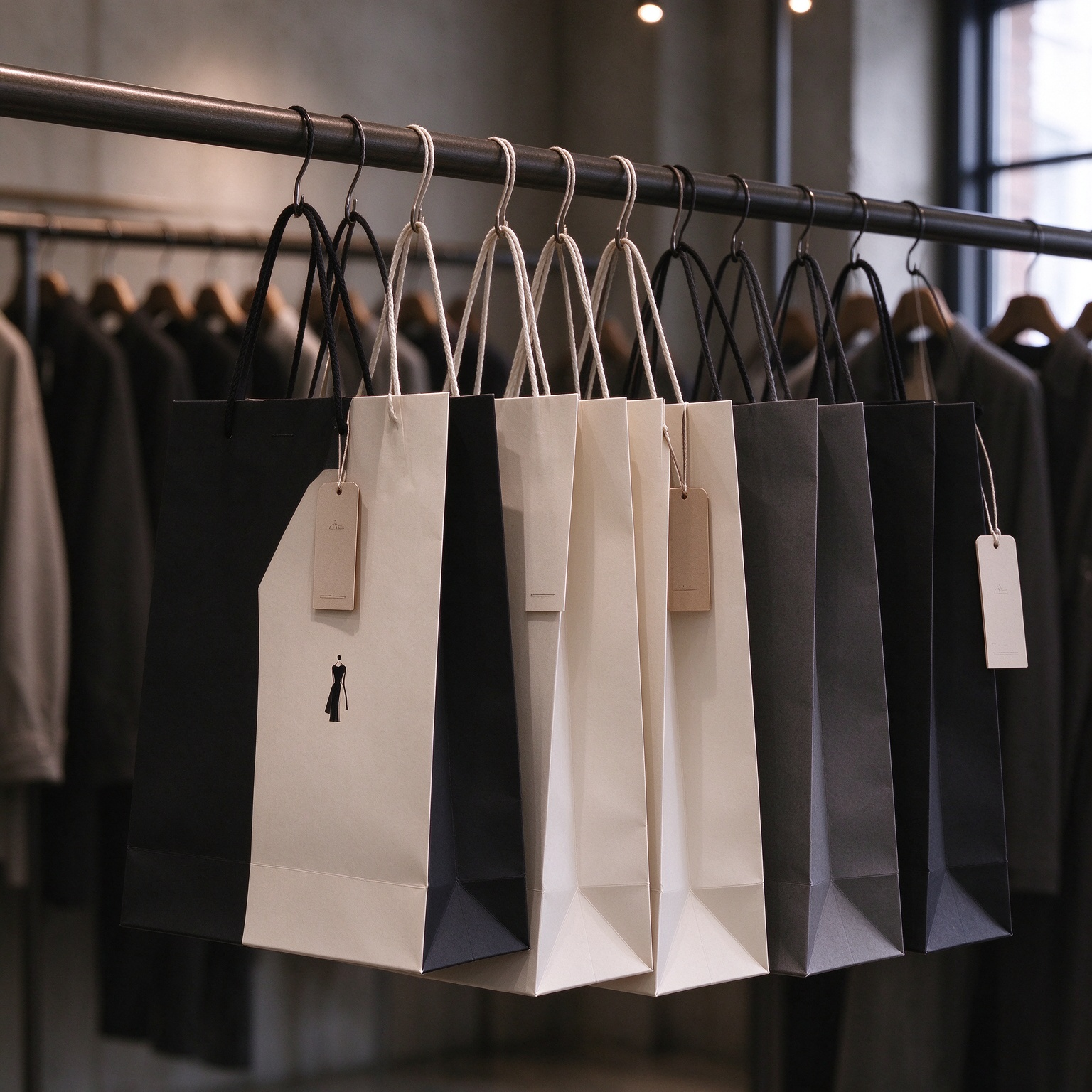 Minimalist paper shopping bags in a fashion and apparel boutique store