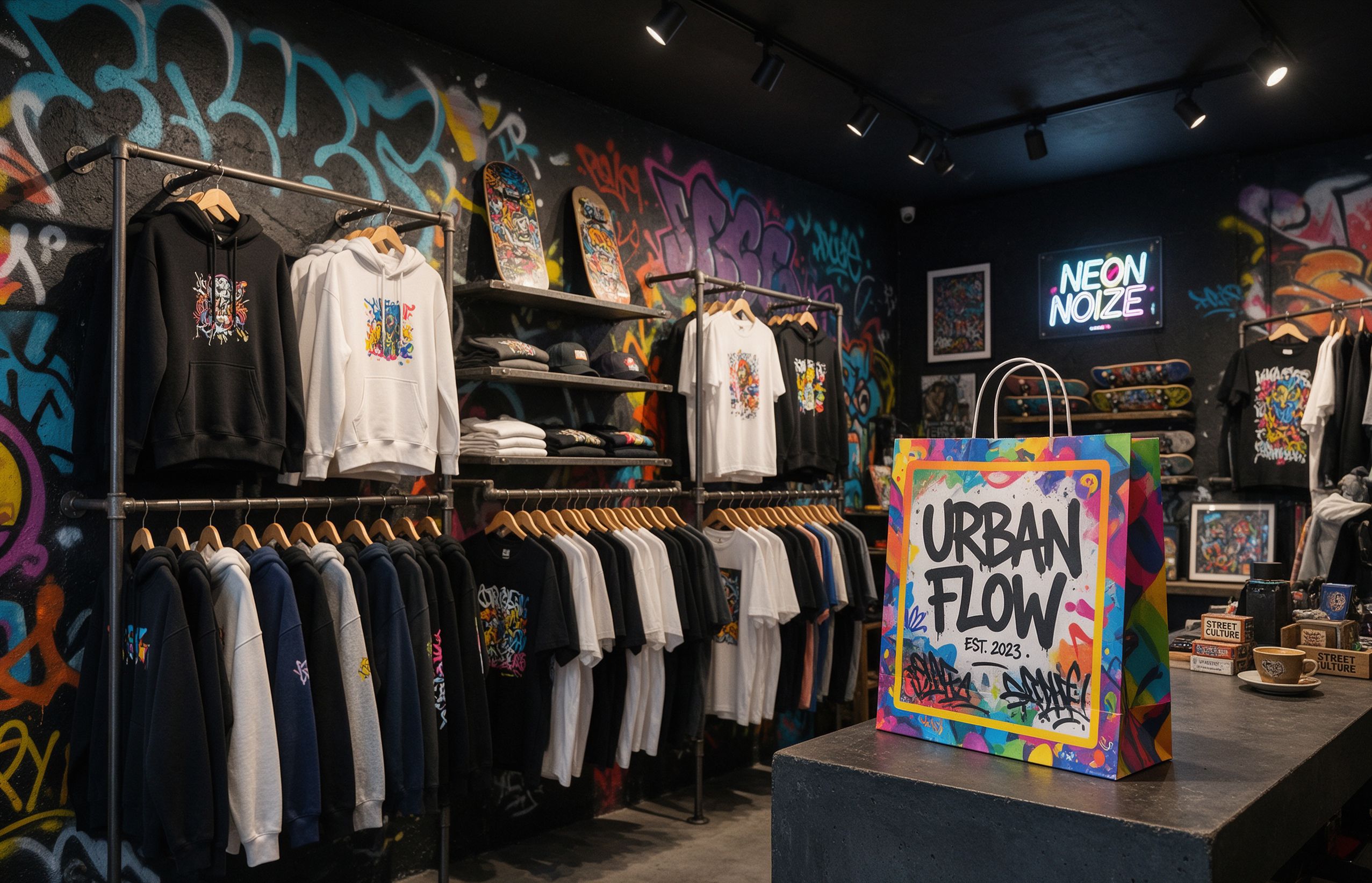 Streetwear and fashion boutique with vibrant printed paper shopping bag