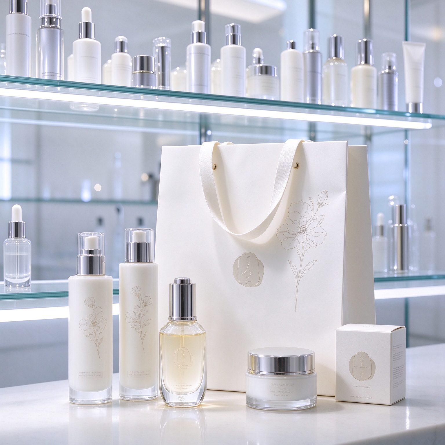 Plain paper shopping bags used in beauty and skincare retail