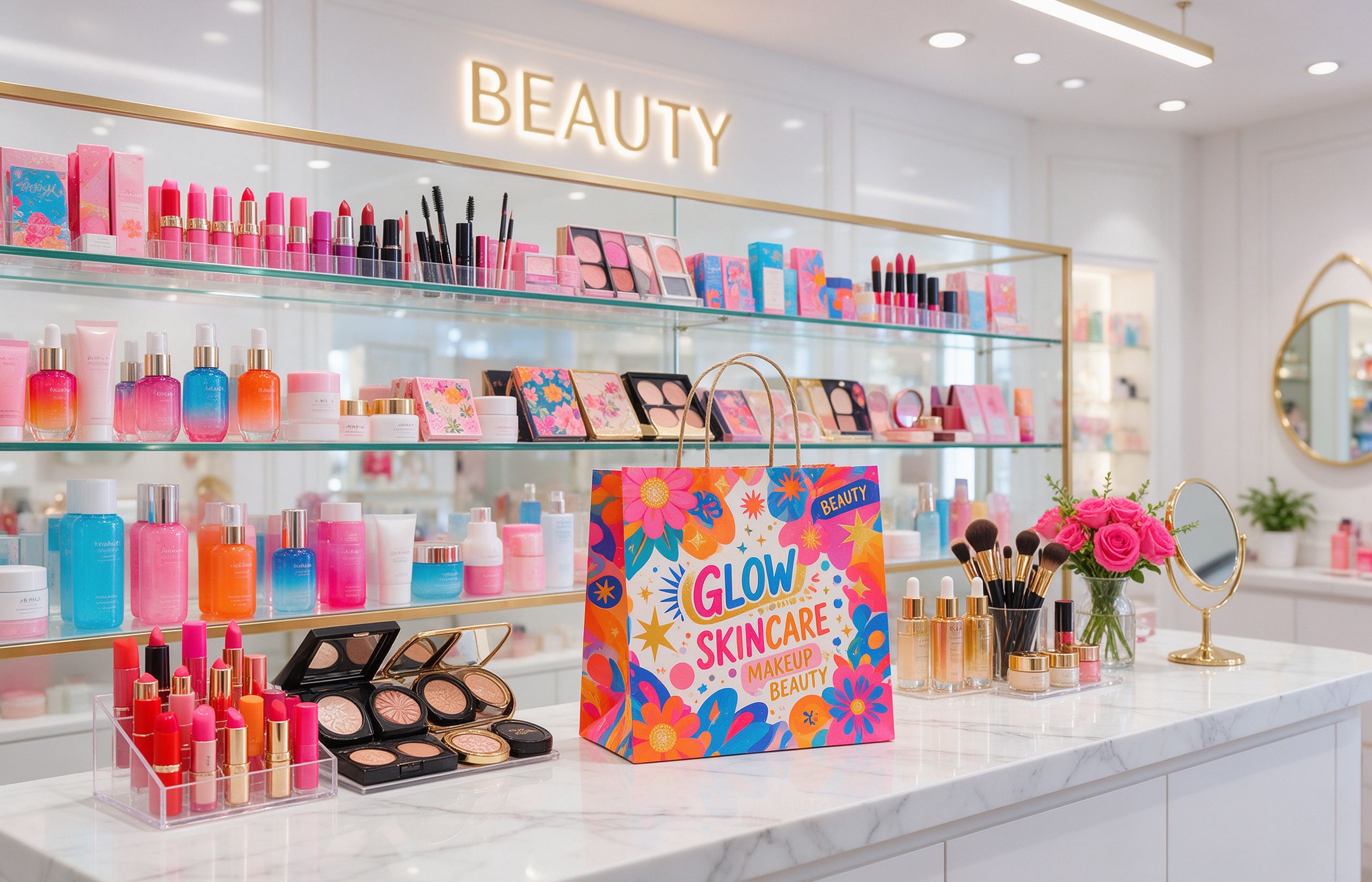Colourful cosmetics and beauty store with vibrant printed paper bag