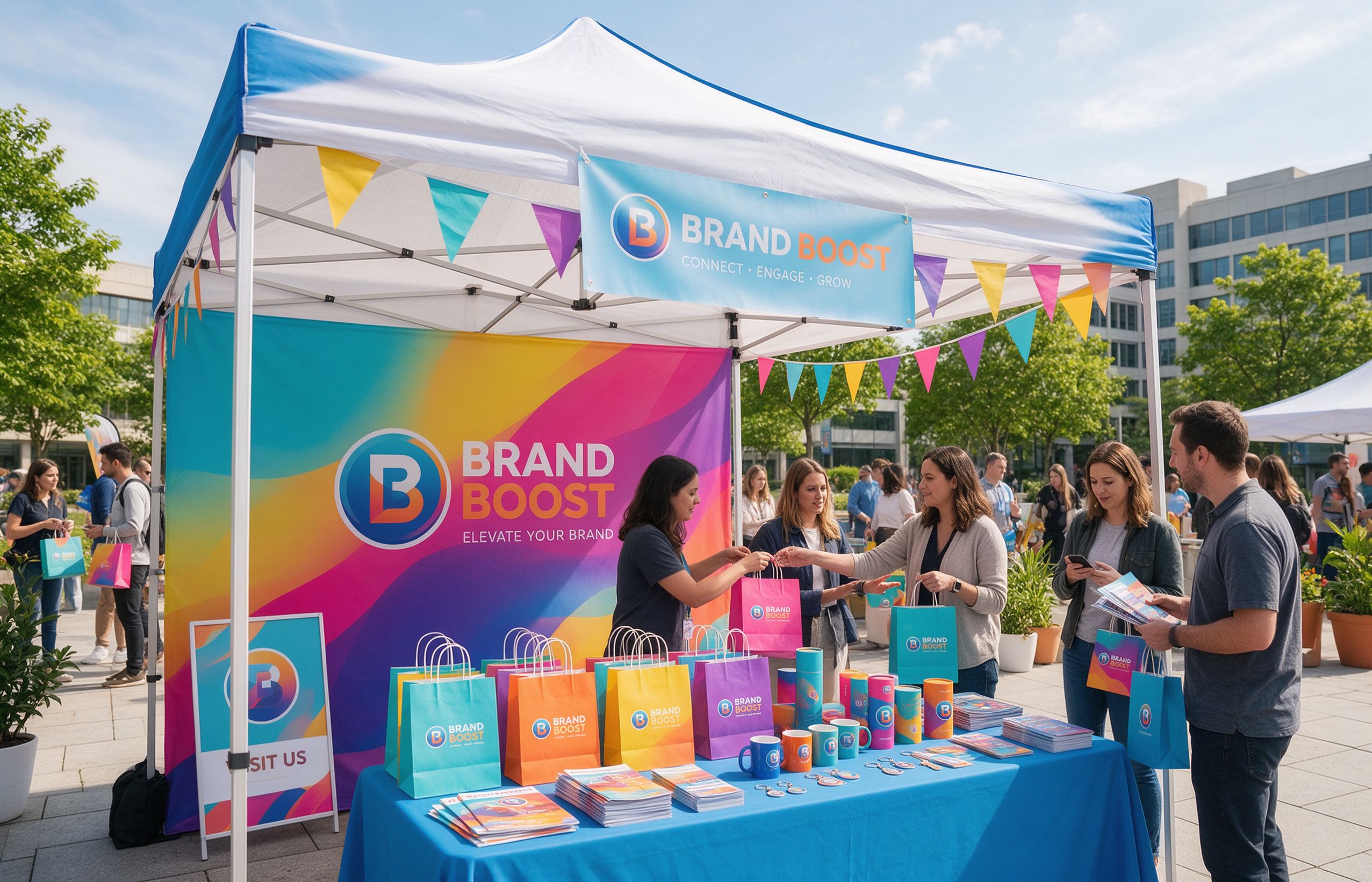 Outdoor event pop-up booth with colourful branded paper shopping bags