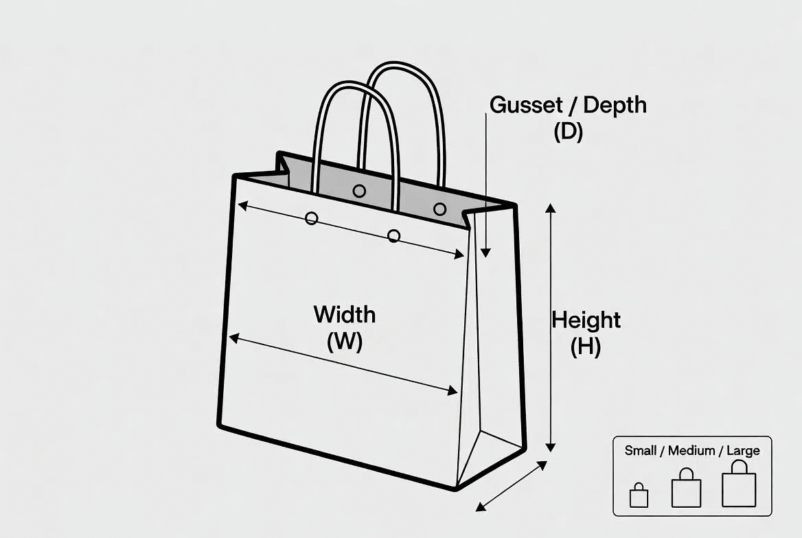 Minimalist paper shopping bag dimensions — Width, Height and Gusset guide