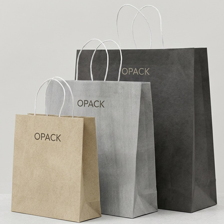 Minimalist white paper shopping bag with black handle in a bright retail interior