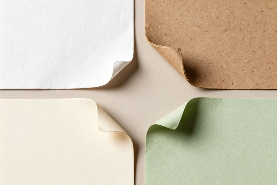 White kraft, brown kraft and textured paper swatches for minimalist bags