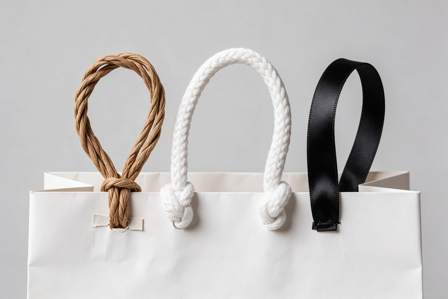 Twisted paper rope and cotton cord handle options on paper shopping bags