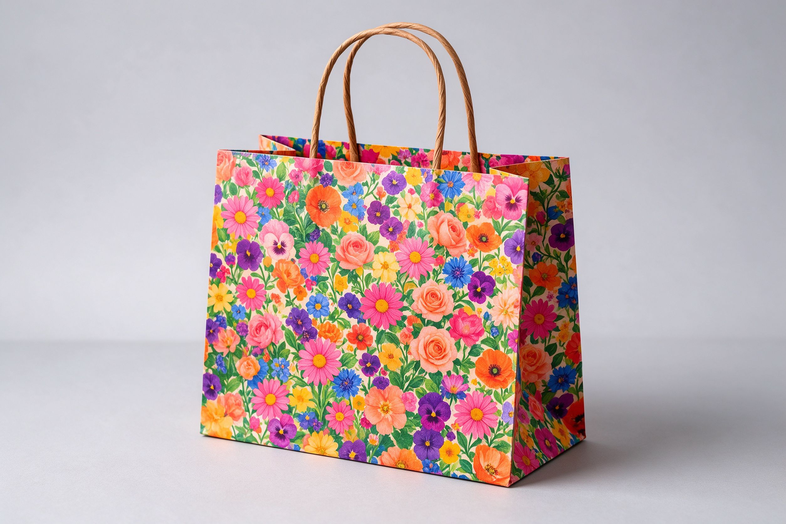 Full-bleed vibrant floral print covering the entire paper shopping bag