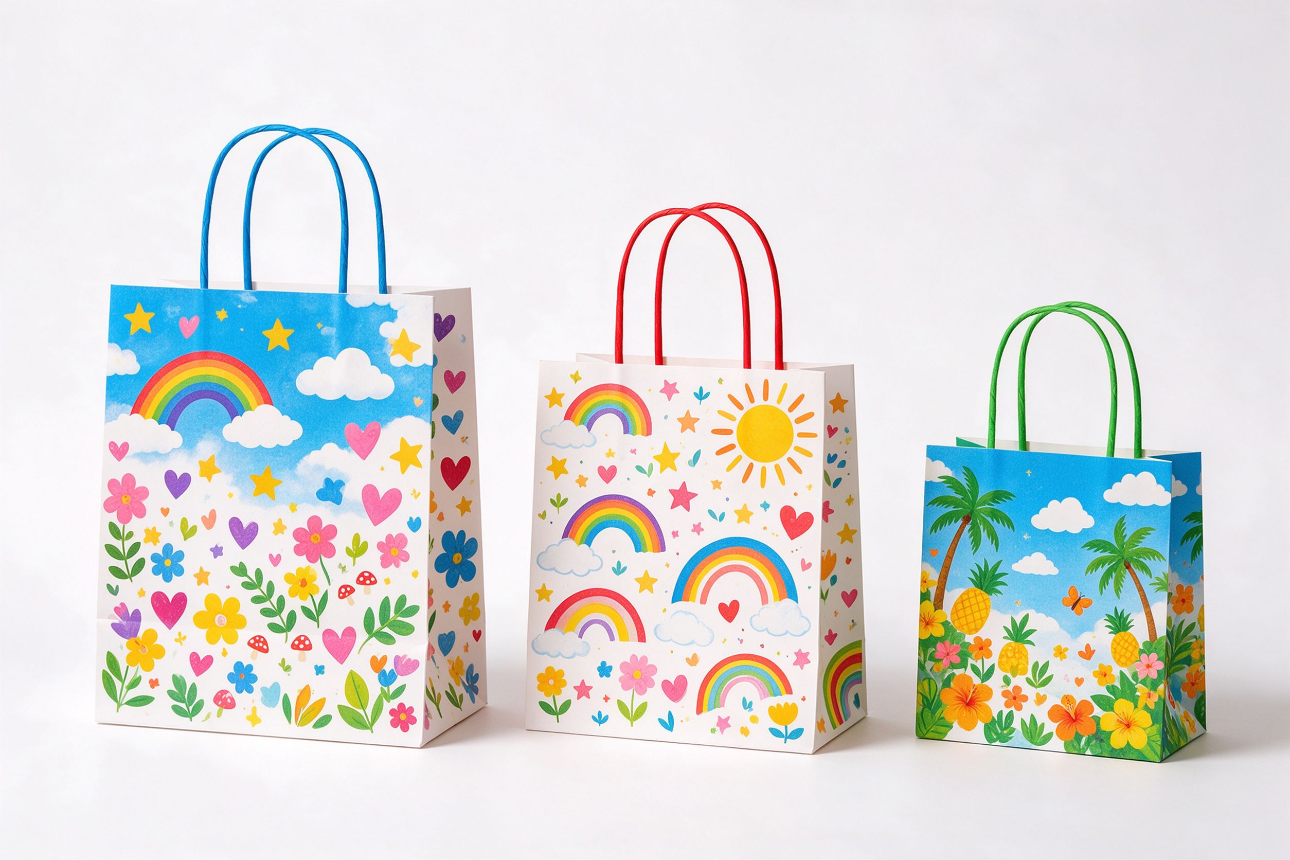 Three colourful full-printed paper shopping bags in different sizes